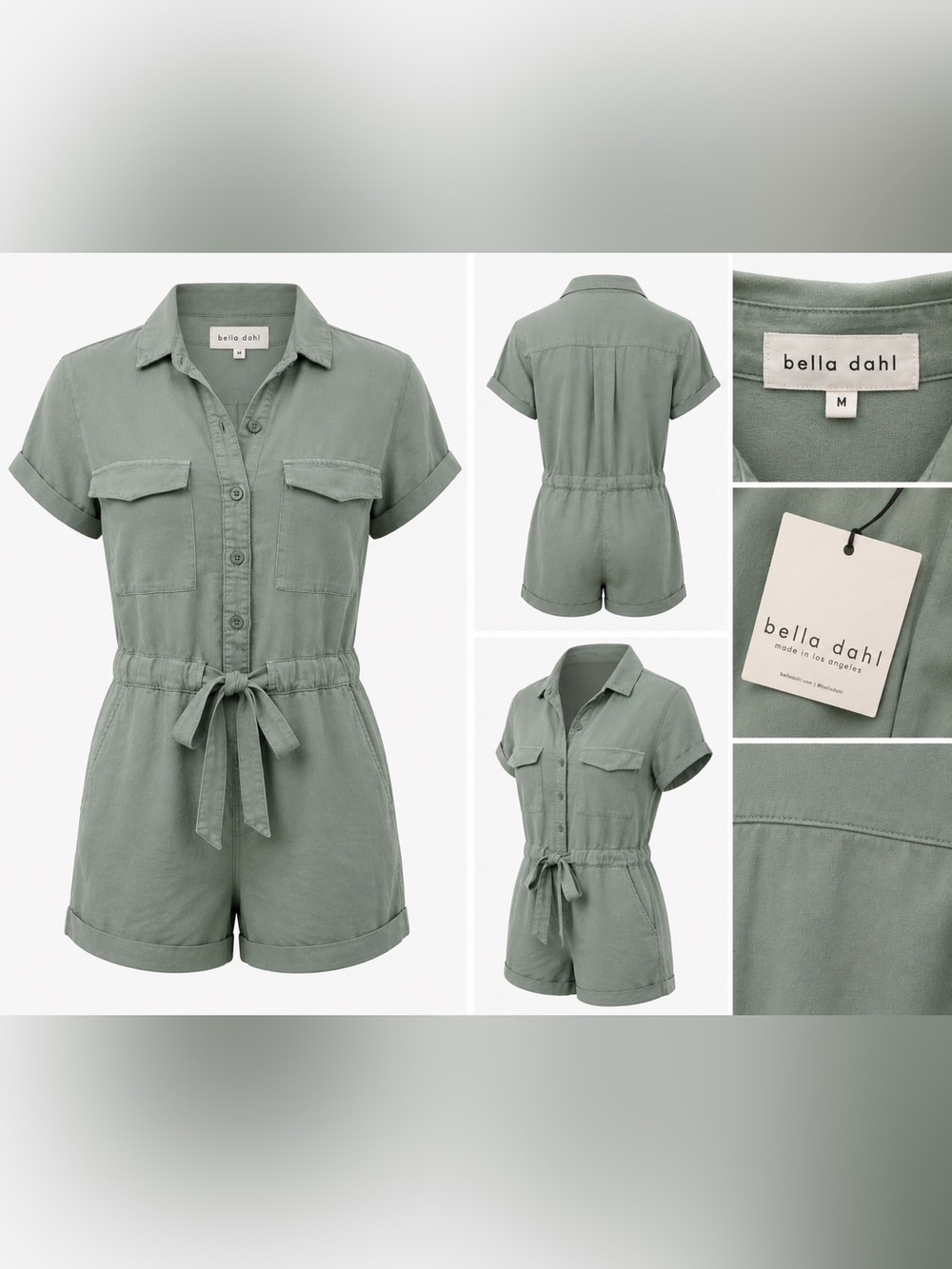 Bella Dahl S/S Button Romper Jade Green Utility Linen Size M NWT